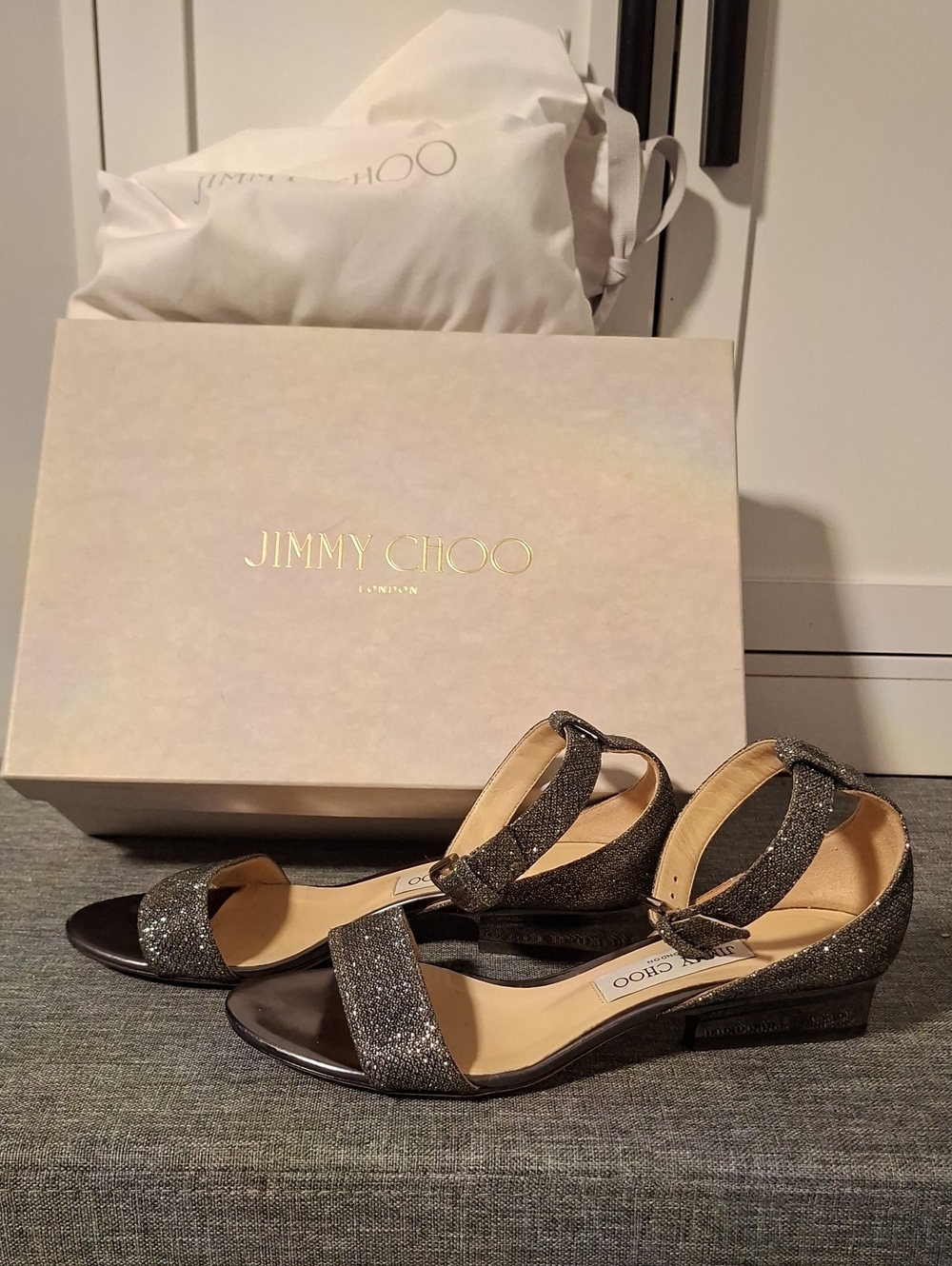 Jimmy Choo Silver Glitter Open-Toe Ankle-Strap Low Block Heels